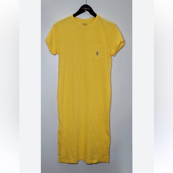 Polo RALPH LAUREN Yellow T SHIRT Maxi DRESS Blue Pony Pocket - Picture 2 of 6